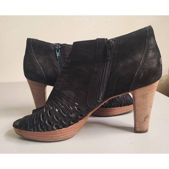 Paul Green Black Laser Cut Bootie Ankle Boots High Heels US 6.5 Peep Toe Suede - Picture 2 of 7